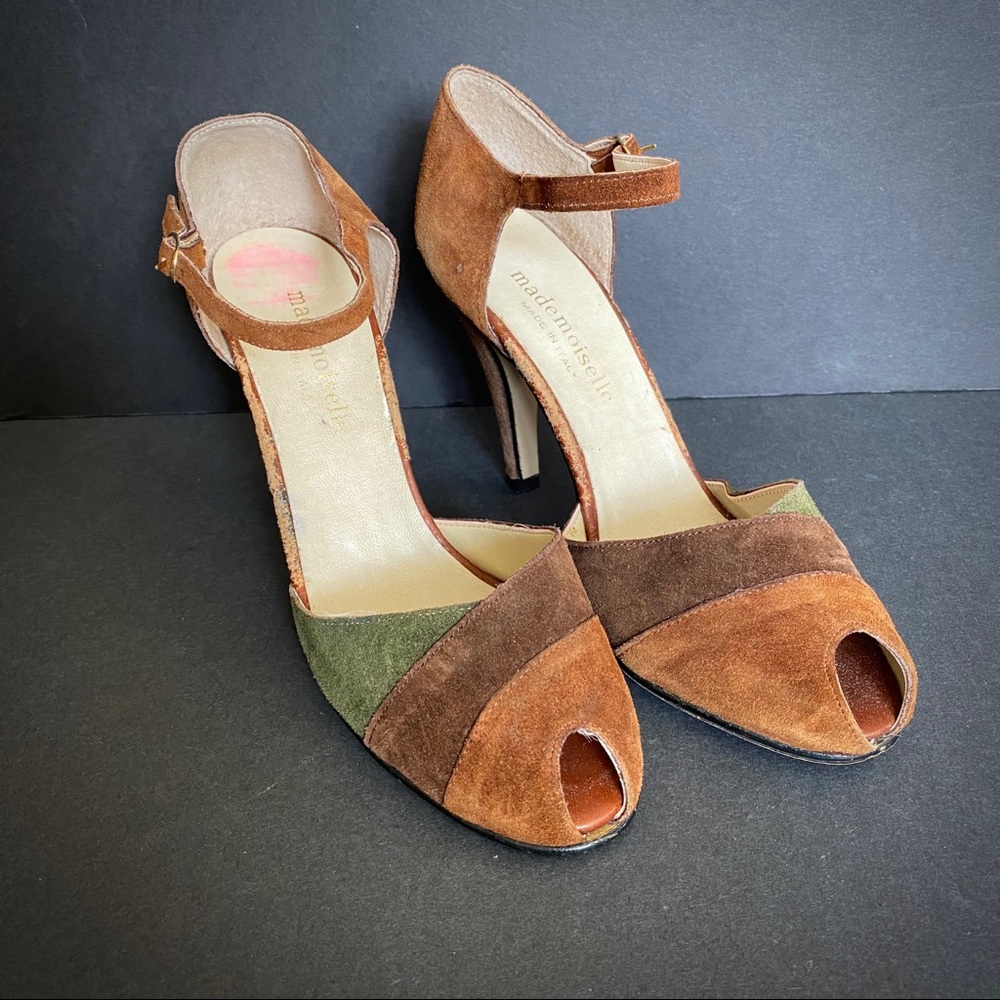 Vintage leather suede peep toe high heel shoes